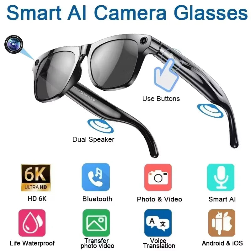 800W HD AI Smart Bluetooth Glasses HD Shooting Waterproof Camera Photo Video Voice Call Translation AI Smart Cam Glasses 2026