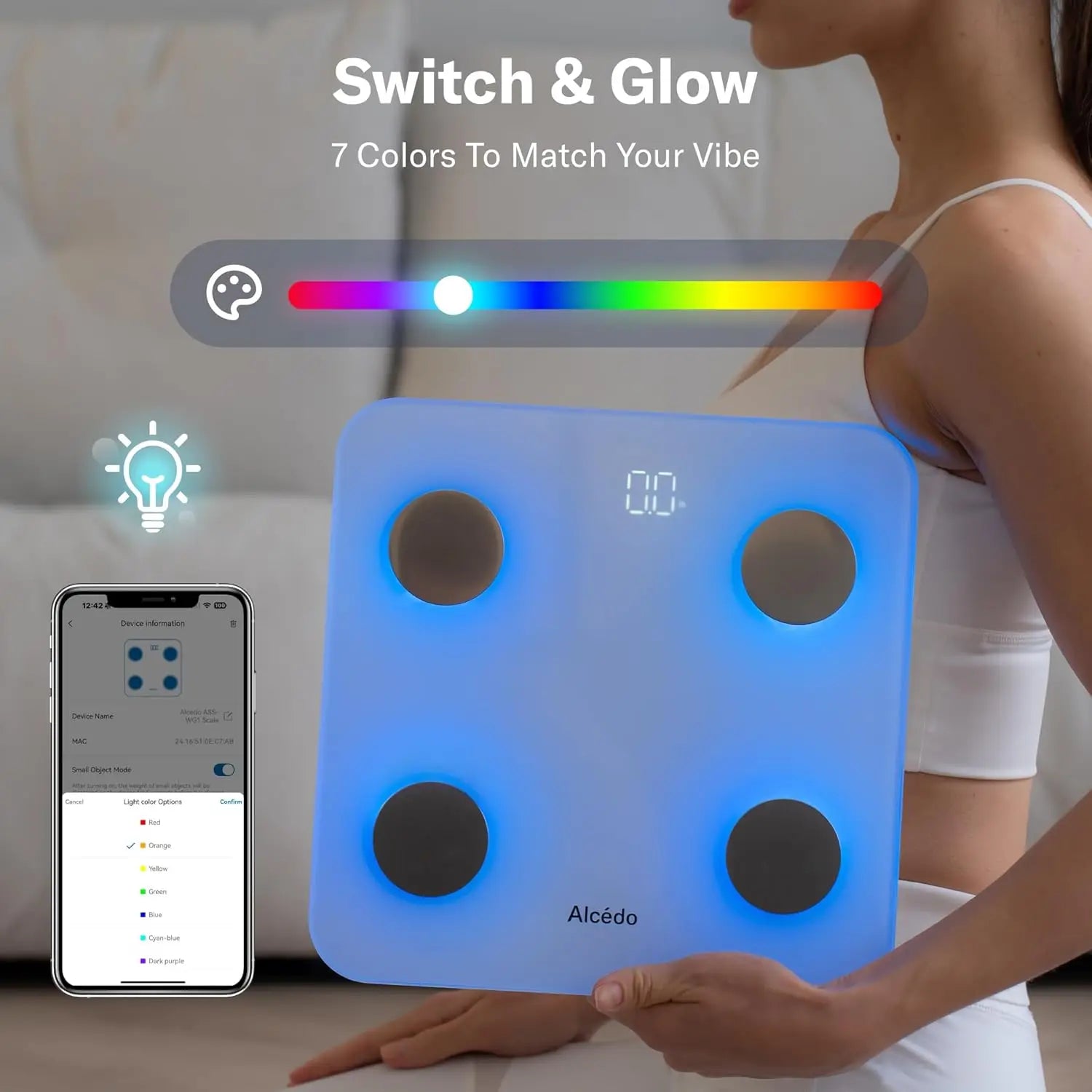 Smart Body Fat Scale with BMI, Muscle Mass, Bluetooth Sync, Color-Changing Lights, 400 lb Capacity
